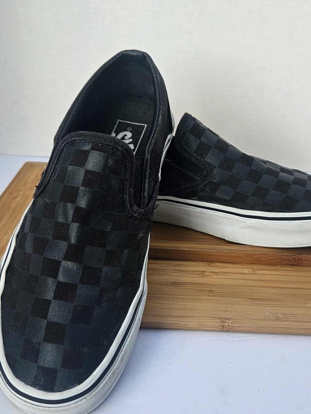 Vans Classic Slip On Black On Black Checkerboard Shoes Sneakers Men 6.5 Women 8